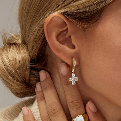 KissYan 14K Gold Plated Huggie Earrings for Women, S925 Sterling Silver Small CZ Cross Hoop Dangle Drop Earrings, Hypoallergenic Dainty Handmade Jewelry - style: Baguette Cross