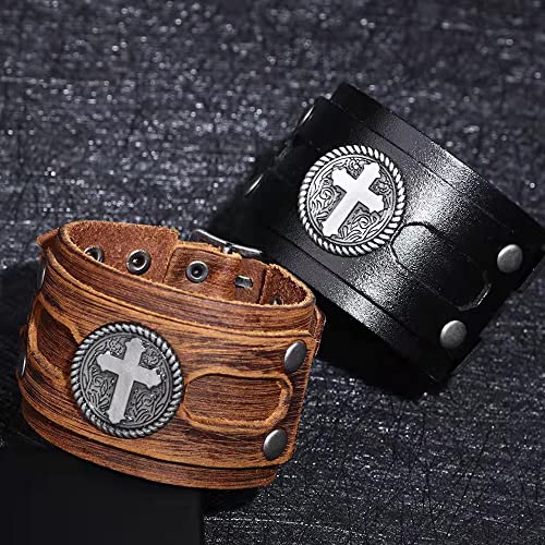 NIGHTCRUZ Wide Leather Bracelet with Cross, Medieval Leather Cuff Wristband for Mens - color: Black