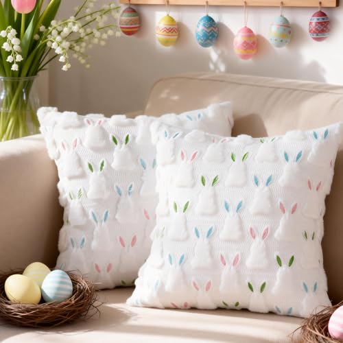 ALFEVA Easter Pillow Covers 20 x 20 Inch Set of 2 Easter Decorations Cute Soft Plush Bunny Throw Pillow, Spring Farmhouse Decorations for Home Sofa Couch Living Room Bedroom - size: 20" x 20" (Pack of 2)