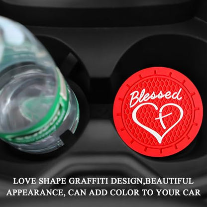 KVAEY 2 PCS Car Cup Holder Coasters, 2.76 Inch Anti Slip Vehicle Drink Mats with Cute Blessed Cross and Heart, Shockproof, Universal Car Accessories (Red, 4 PCS) - color: Red, size: 4 PCS