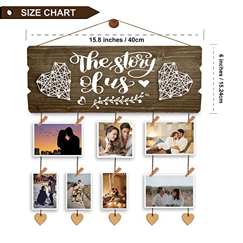 Newlywed Pictures Hanging Board with Clips and Twines, the Story of Us - color: burned wood