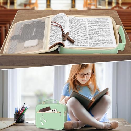 FINPAC Bible Cover with Shoulder Strap, Church Book Carrying Bible Case Bag - color: Letter Green