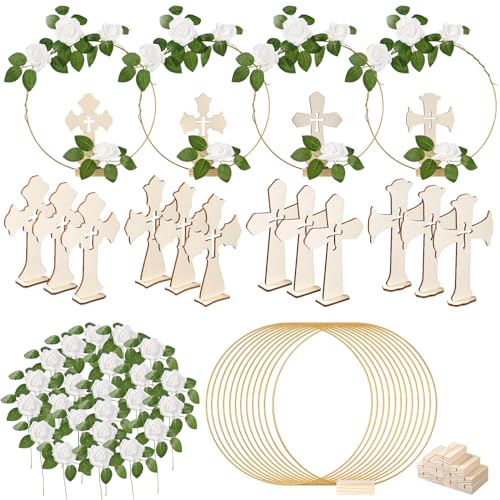 48 Pcs Baptism Centerpieces for Tables - Baptism Table Decorations - 12 Wood Crosses, 12 Metal Floral Hoops with Stands, and 24 Foam Roses - Garland Strands Kit for Baptism Party, Wedding Decor