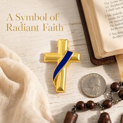 Clergy Gold Cross Lapel Pin with Enamel Ribbon, Christian Religious Brooch Badge, Suit Collar Accessory Faith Gift for Church Staff Believers - color: Blue