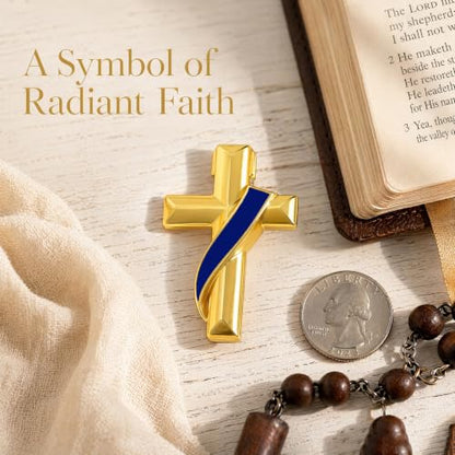 Clergy Gold Cross Lapel Pin with Enamel Ribbon, Christian Religious Brooch Badge, Suit Collar Accessory Faith Gift for Church Staff Believers - color: Blue