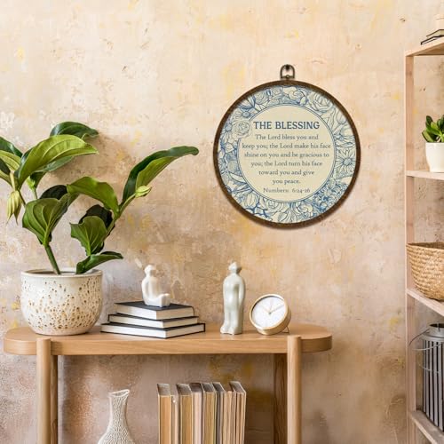 KLYTINK Christian Round Wall Art, The Blessing Bible Verse Numbers 6:24-26, Round Canvas Wall Decor with Frame, Blue Chinoiserie Floral Design for Home,Office 10x10Inch(Bible 6:24-26)