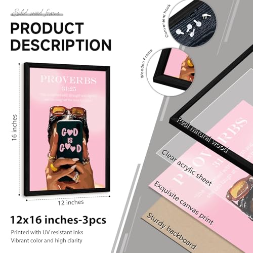 Black Girl Wall Art Pink Christian Canvas Poster Bible Verse Wall Decor African American Woman Pictures Fashion Black Women Prints Trendy Faith Scripture Painting for Bedroom 12x16 Inch Wood Framed - color: Pink Wall Art, size: 12''x16'' Framed