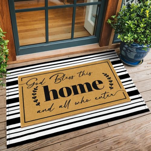 2 Pcs Christian Door Mat Welcome Mats for Front Door Striped Layering Rugs - color: 2 Pcs Coir Home