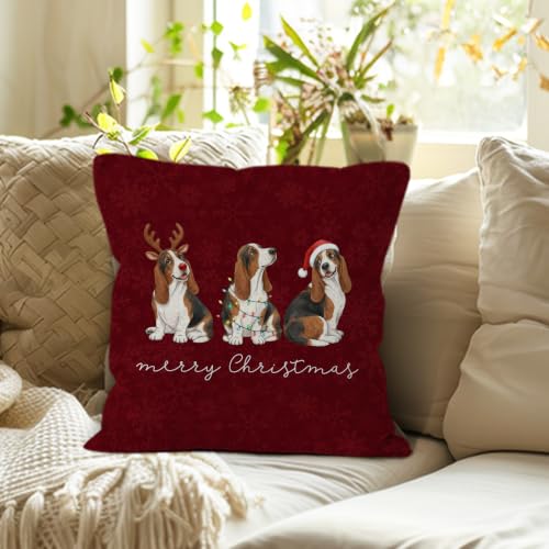 Merry Christmas Basset Hound Throw Pillow Covers 18x18 Home Decor - color: Basset