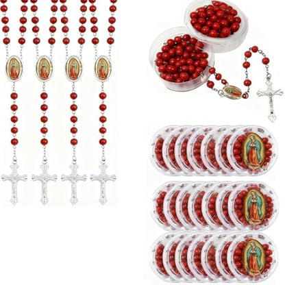 48 Pcs Scented Rosary Necklace Set with Gift Box – Wooden Bead Rosary with Crucifix for Women & Men, First Communion, Baptism, Party Favors - color: Red