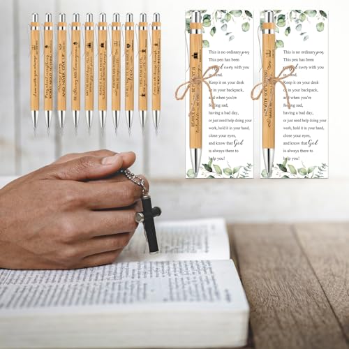 Tenceur 50 Sets Christian Gifts Bulk Church Members Bulk Bible Verse Bamboo Pens and Inspirational Bookmarks Religious Gifts Sets for Vbs Sunday School Party Women Men