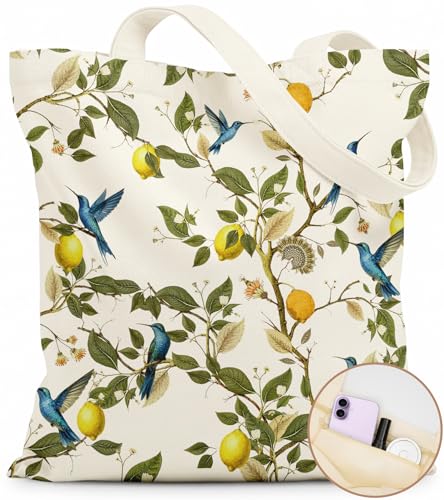 Canvas Tote Bag for Women with Zipper Cute - color: Lemon Birds