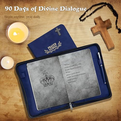 Ospelelf Prayer Journal Tracker Leather Christian Bible Zippered Notebook Daily Devotional Scripture Study Planner Gifts for Jesus Faith Believers Women Men Undated 3 Months Dark Bue - color: dark blue