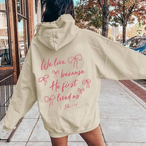 Christian Bow Hoodies for Women Cute Bow Print Sweatshirt Bible Verse Graphic Hoodie Religious Pullover Sweatshirts - color: Apricot, size: Small