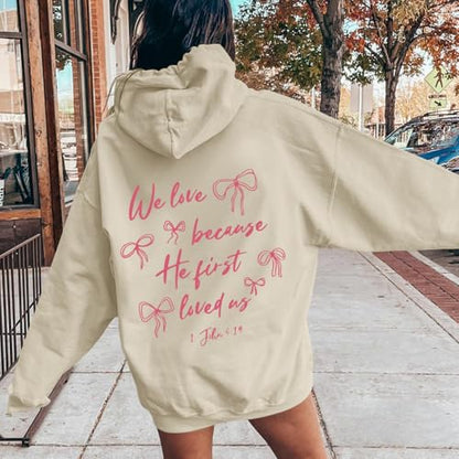 Christian Bow Hoodies for Women Cute Bow Print Sweatshirt Bible Verse Graphic Hoodie Religious Pullover Sweatshirts - color: Apricot, size: Large