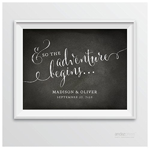 Andaz Press Personalized Wedding Party Signs, Vintage Chalkboard Print, 8.5-inch x 11-inch, and So The Adventure Begins, 1-Pack, Custom Made Any Name - color: And So the Adventure Begins