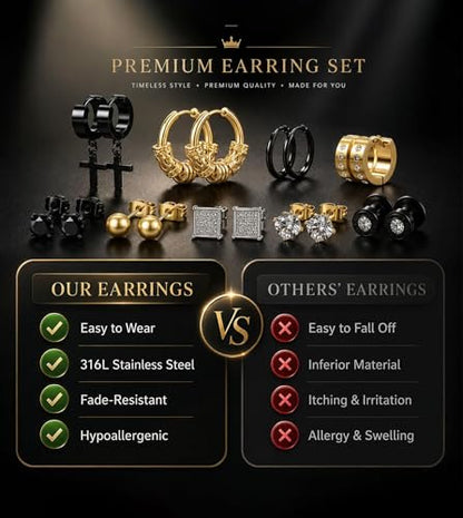 25 Pairs Earrings Set for Men and Women, Black Silver 14K Gold-Plated Mixed Earring Studs Kit Fashion Ear Piercing Jewelry Cross Dangle Hoop