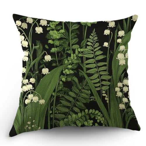 Moslion Throw Pillow Cover Lily 18x18 Inch Valley Fern Floral Buds Leaves Stems Hand Drawn Wildflower Spring Plant Square Pillow Case Cushion Cover for Home Car Decorative Cotton Linen - color: Leaf
