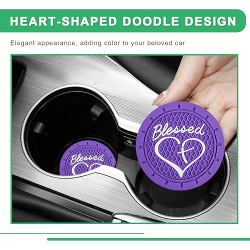 2 PCS Car Cup Holder Coaster, 2.76 Inch Non-Slip Auto Drink Mats with Blessed Cross and Heart, Shockproof Christian Cup Insert Coaster for Most Vehicles, Car Accessories (Dark Purple) - color: Dark Purple