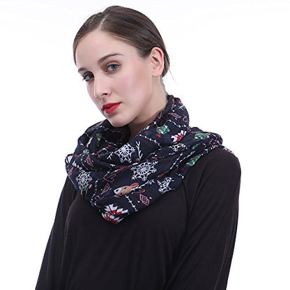 Lina & Lily Holiday Christmas Pattern Print Women's Infinity Scarf Lightweight - color: Navy Blue, Xmas Reindeer