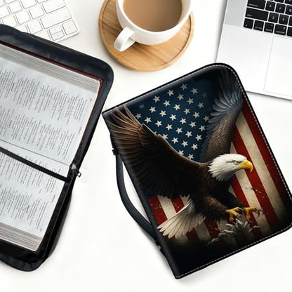 Bible Cover for Women Large PU Leather Zippered Bible Case with Handle and Bald Eagle USA Flag Design, Christian Bible Cover for Girls & Women, Cover Fits Standard 9.5"x7.5"x2.3" Bible - color: Bald Eagle Usa Flag