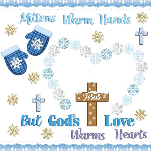 BeYumi Winter Christian Bulletin Board - 84Pcs Winter Christian Bulletin Board Decoration Set God’s Love Warms Heart Cross Cutout Snowflake Border Trim Winter School Classroom Chalkboard Holiday Decor - style: God’s Love Warms Heart