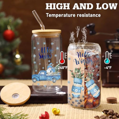 Teenyyou 12 Sets Christmas Glasses Cups with Bamboo Lid and Glass Straw, 16 oz Blue Winter Gnome Snowman Glass Jar Drinking Cups, Festive Elk Christmas Tree Coffee Cup for Xmas Holiday Party Gifts - style: Blue Stripes