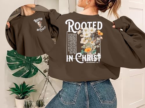 Women Christian Sweatshirt Rooted in Christ Shirts Jesus Boho Faith Clothes - color: Brown, size: Medium