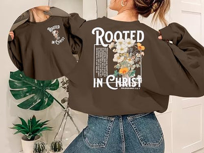 Women Christian Sweatshirt Rooted in Christ Shirts Jesus Boho Faith Clothes - color: Brown, size: Large