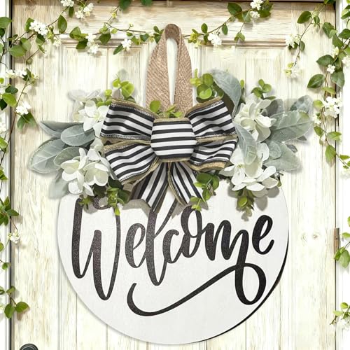 Welcome Wreaths Sign for Front Door, Rustic Wood Wreath with Bow, Welcome Home Porch Hanging Sign Gift, for All Seasons Holiday Farmhouse Outdoor & Indoor Decorations - color: Welcome Sign