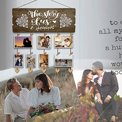 Newlywed Pictures Hanging Board with Clips and Twines, the Story of Us - color: burned wood