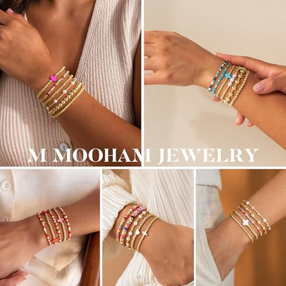 M MOOHAM Beaded Bracelets for Women Teen Girls, 14K Gold Bracelet Stack - color: Black Cross