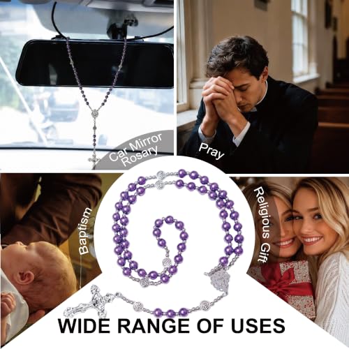 8mm Glass Pearl Rosary - Catholic Necklace for Men and Women Comes in a Metal Gift Box, First Communion Rosary Necklace as Gifts - color: Purple