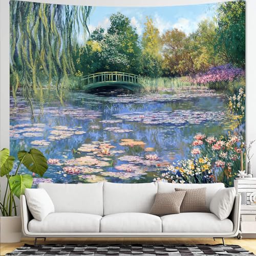 Accnicc Monet Water Lilies Tapestry Green Floral Plant Tapestries Aesthetic Monet Wall Art Posters Nature Flower Garden Landscape Small Tapestrys for Bedroom Living Room Dorm 48 x 36 Inch - color: Green Pink, size: 48"L x 36"W