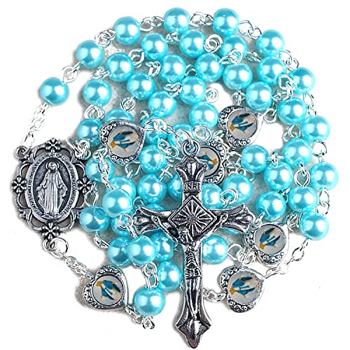 HanlinCC Catholic Miraculous Rosary Glass Pearl Beads Pray Card & Gift Bag - color: Blue