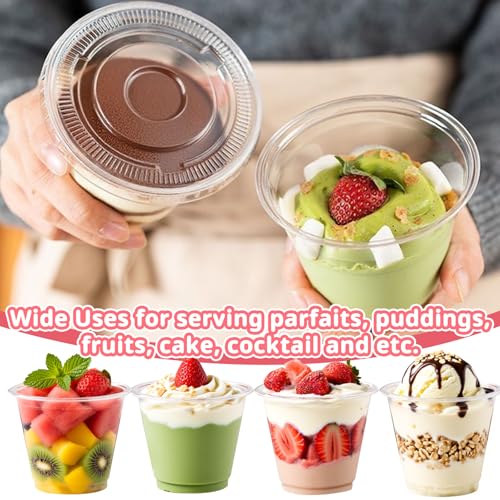 Cayxenful 50 Packs 9oz Disposable Dessert Cups with Lids No Hole, Clear Plastic Cups with Lids for Ice Cream, Cake, Snacks, Fruit, Cold Drinks, Smoothie, Pudding, Salad