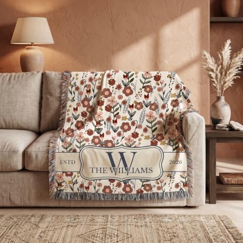 Chillever Personalized Monogram Woven Blanket with Last Name, Custom Floral Throw Blankets for Couch Bed, Cotton Anniversary Wedding Gift for Couple, New Home Housewarming Presents - color: A4