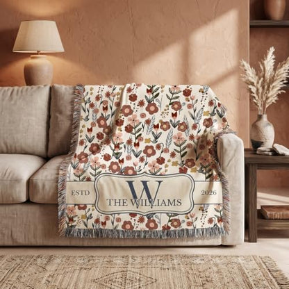 Chillever Personalized Monogram Woven Blanket with Last Name, Custom Floral Throw Blankets for Couch Bed, Cotton Anniversary Wedding Gift for Couple, New Home Housewarming Presents - color: A4