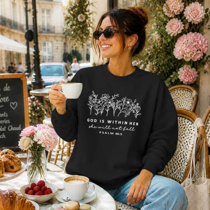 Christian God Is Within Her Sweatshirts Jesus Faith Religous Hoodie Bible Verse Floral Graphic Inspirational Shirts - color: Black, size: Large