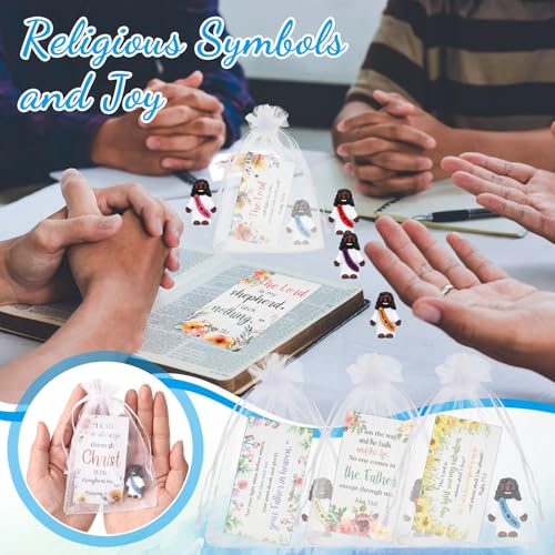 Bememo 50 Sets Christian Gifts Bulk Bible Verse Cards Include Little Jesus Figures Prayer Cards and Organza Bags for Religious Party Favors Sunday Baptism Gifts(Flower Style,Dark) - color: Dark, style: Flower Style