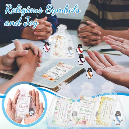 Bememo 50 Sets Christian Gifts Bulk Bible Verse Cards Include Little Jesus Figures Prayer Cards and Organza Bags for Religious Party Favors Sunday Baptism Gifts(Flower Style,Dark) - color: Dark, style: Flower Style