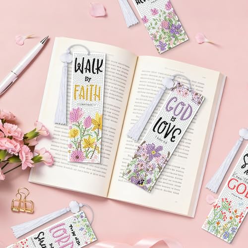 8 Pieces Christian Bible Verse Diamond Art Bookmarks 5d Christian Beaded Bookmark Acrylic Tassel Bookmark for DIY Making Beginners Adults Arts Craft Supplies (Christian-1) - color: Christian-1