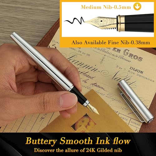 BEILUNER Silver Fountain Pen,Stunning Luxury Pens with Bright Silver Chrome, Gorgeous 24K Gilded Nib(Medium), Fancy Pen Gift for Men&Women -Ink Converter-Elegant, Office,Nice Pen for Writing - color: Silver, style: Medium Nib
