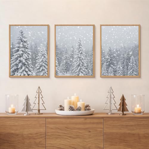 Snowy Christmas Tree Natural Woodland Framed Canvas Wall Art Set- 12"x16"x3 - color: Snowy Woodland Wall Decor, size: 12"L x 16"W
