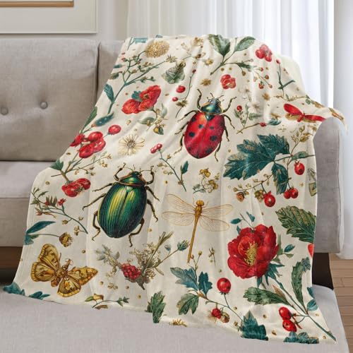 Vintage Ladybug and Botanical Flannel Blanket Gifts for Nature Lover,50x40inch,Colorful Insect,Butterfly and Flower Throw Blankets,for Bedroom,Sofa,Living Room,Camping Home Decor Throws - color: Ladybug, size: 50x40 Inch