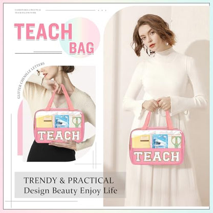Teacher Appreciation Gifts Chenille Letter Clear Makeup Bag TEACH Pouch, Preppy Waterpoof Makeup Cosmetic Bag with Zipper Graduation Retirement Birthday Teacher Essentials Gifts for Women(TEACH-Pink) - color: TEACH-Pink