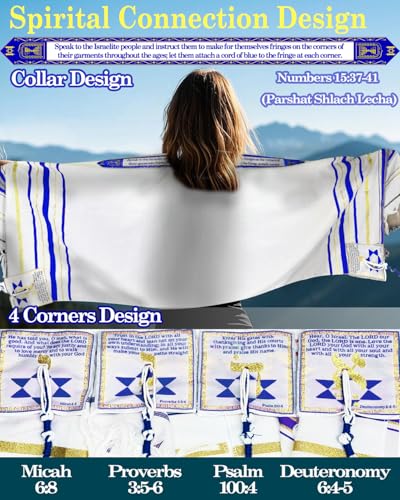 Tallit Prayer Shawl 72"x 22" with Bag & Pre-Attached Tzitzits For Men & Women, Tallit Torah-Inspired Design - color: Blue