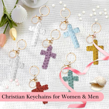 Knit Cross keychain Christian Gifts for Women Men Religious Gifts Bohe Backpack Charms Christian Keychain - color: White