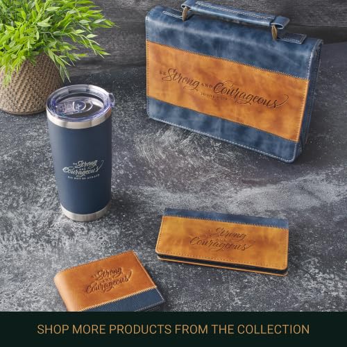 Christian Art Gifts Faux Leather Scripture Bookmark: Strong and Courageous - color: Brown/Navy - Be Strong
