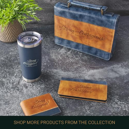 Christian Art Gifts Faux Leather Scripture Bookmark: Strong and Courageous - color: Brown/Navy - Be Strong
